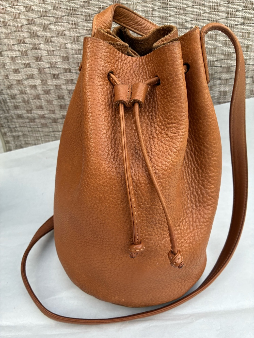 Baggu Tan Pebbled Leather Bucket Crossbody Bag